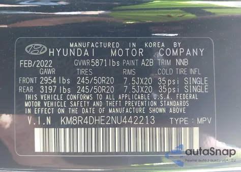 2022 Hyundai Palisade Sel z USA, uszkodzony, nr VIN KM8R4DHE2NU442213